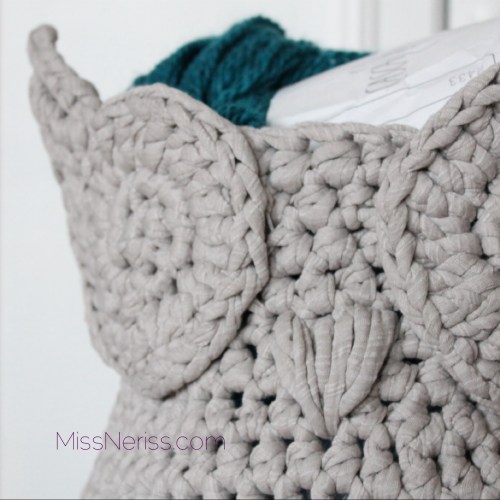 Owl basket, seen on missneriss.com.  Pattern to buy on Craftsy.